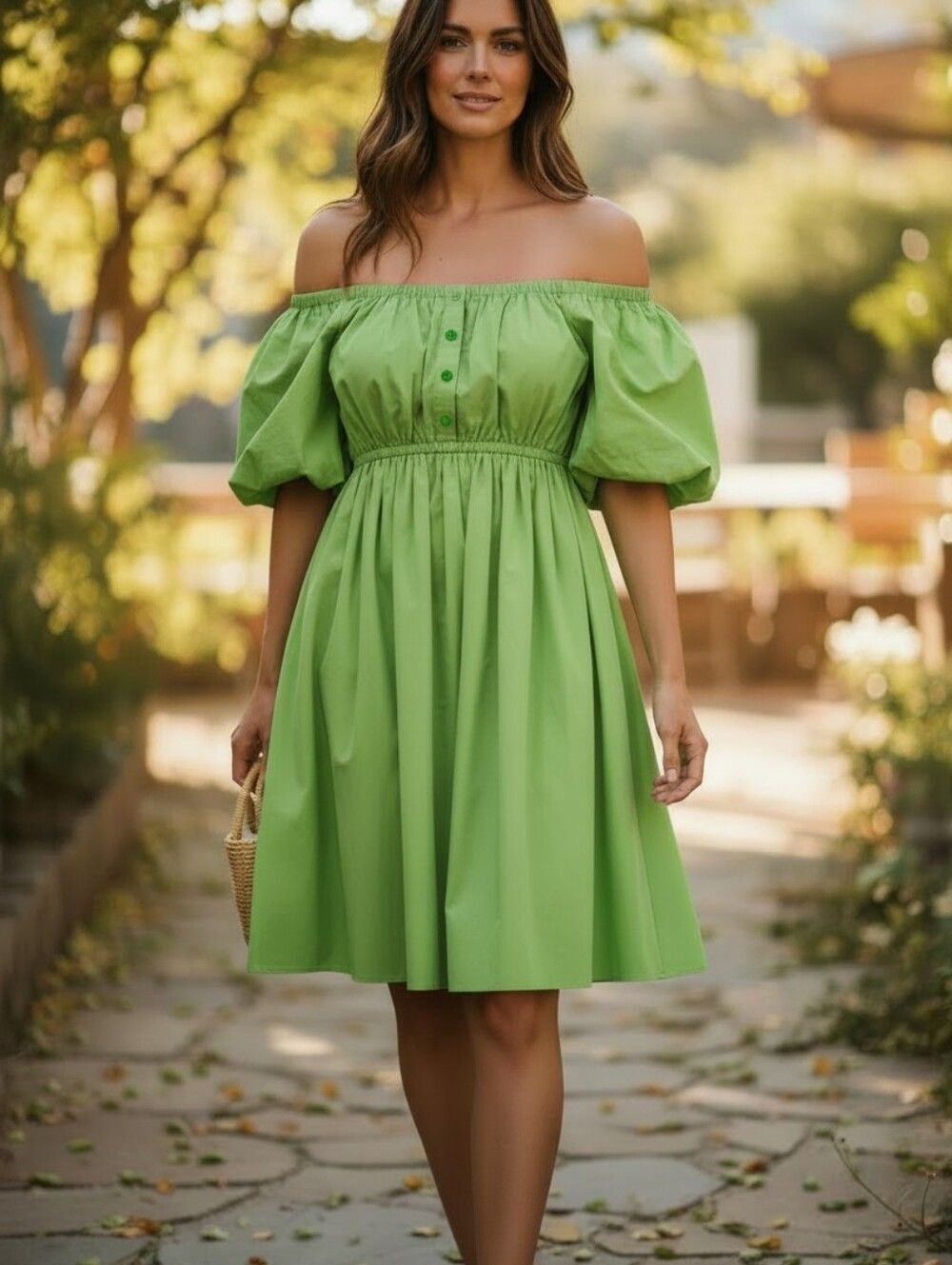 Camila Coelho Green Puff Sleeve Mini Dress Womens XS Cottagecore Babydoll